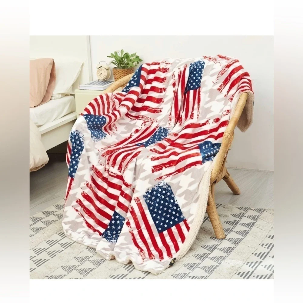 New Patriotic American Flag Blanket Sherpa Fleece Reversible Blanket 50X70 in